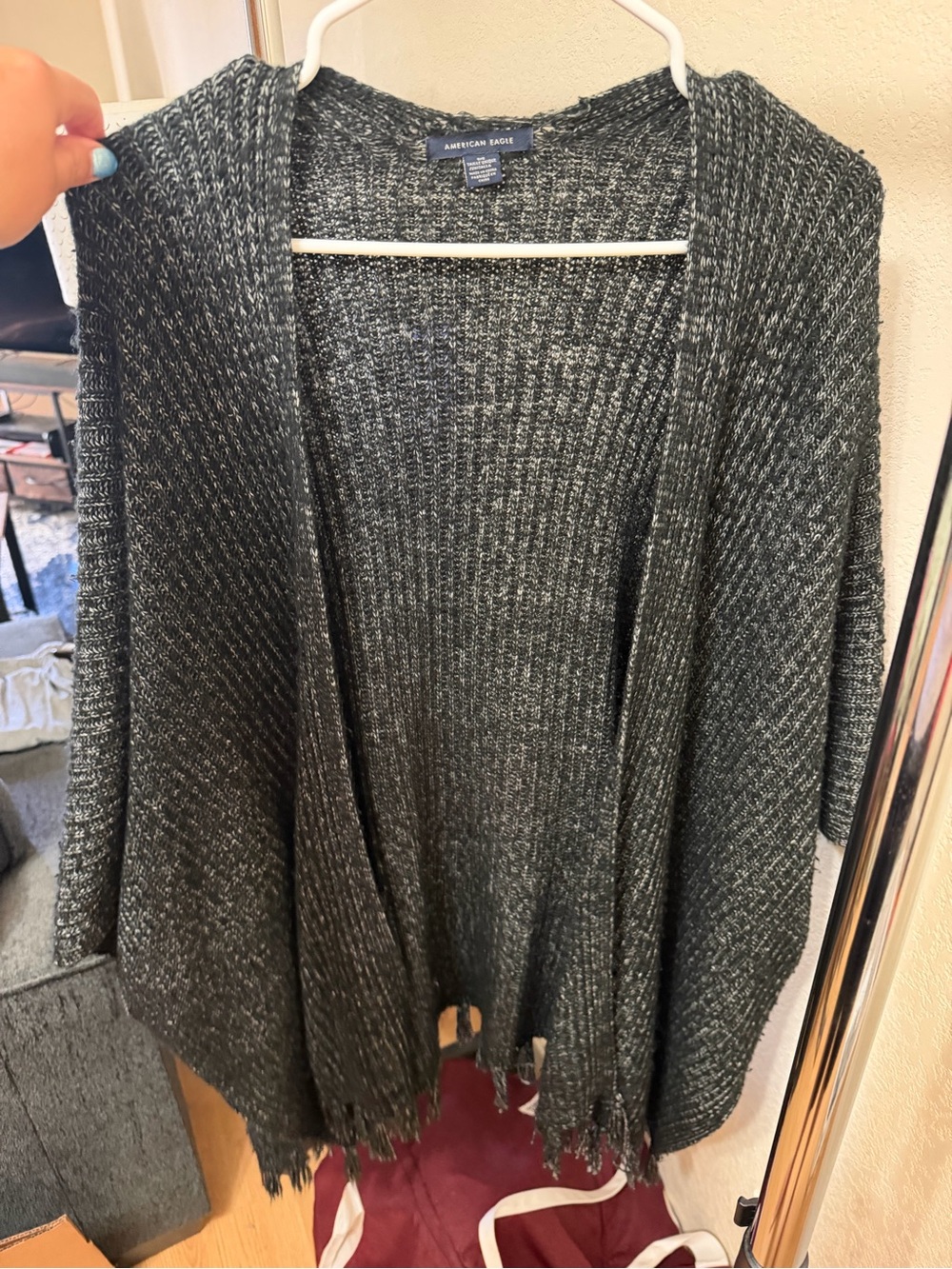 American Eagle Outfitters Charcoal Open-Front Knit Poncho with Fringe